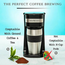 Drip coffee maker with stainless carafe and lid, paired with travel mug