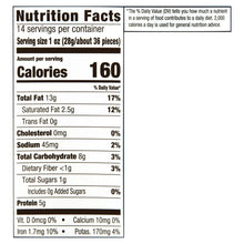 Nutrition facts for cashew halves and pieces: 160 calories, 5g protein, 45mg sodium