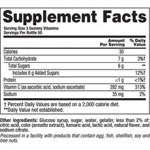 Supplement facts panel on Vitamin C gummy bottle with serving and nutrient values