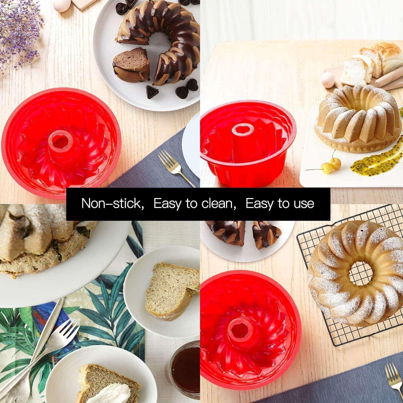 Silicone Baking Molds, European Grade Fluted Round Cake Pan, Non-Stick Cake Pan for Jello,Buntcake,Gelatin,Bread, 9.45 Inches Tube Bakeware Red