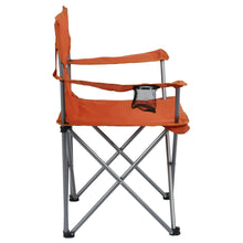 Orange folding camp chair with cup holder, padded arms and seat, X-frame legs