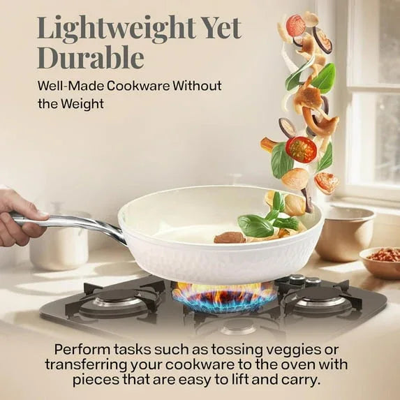 Gotham Steel Hammered 10 Inch Non Stick Frying Pans with Lid Dishwasher Safe – Cream
