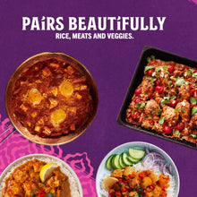 Tikka masala simmer sauce promotional graphic with bowls of curry, rice, and vegetables