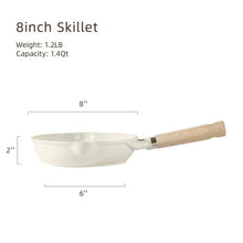 8-inch white nonstick skillet with wooden handle, size diagram