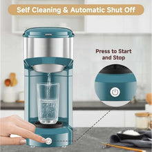 Teal single-serve coffee maker with water chamber and start/stop button