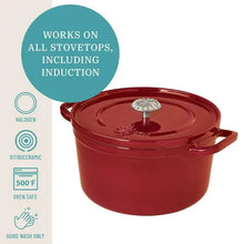 Red enamel Dutch oven with lid and knob, wide side handles