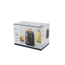 Black 2-slice toaster retail box with toaster and slot window