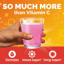 Raspberry vitamin C powder marketing graphic with a hand holding a pink drink