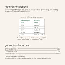 Freshpet feeding instructions and guaranteed analysis chart