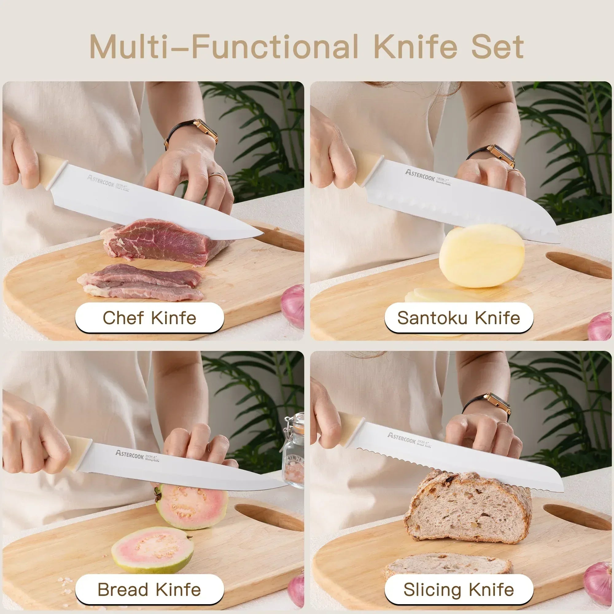 Astercook Knife Set, 14 Pieces Kitchen Knives Set with Healthy Anti-Rust Coating, Stainless Steel Knife Sets with Built-in Sharpener, Sharp & Rust Resistant Dishwasher Safe