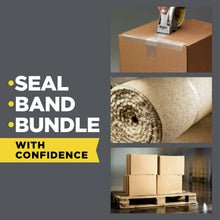 Clear shipping strapping tape roll close-up and wrapped boxes for secure bundling