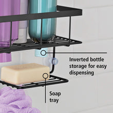Black shower caddy shelf with inverted bottle storage and soap tray
