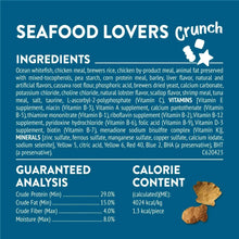 Seafood Lovers Crunch ingredients and guaranteed analysis label with kibble shapes