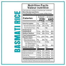 Basmati rice pouch Nutrition Facts panel labeled per serving and per container