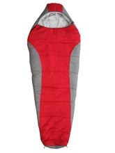 Red and gray mummy sleeping bag with hood opening and tapered bottom