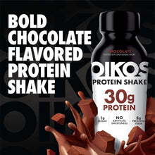 Oikos chocolate protein shake bottle with 30g protein label and icons