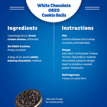 White Chocolate Oreo Cookie Balls recipe label: ingredients and instructions