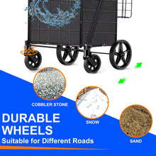 Black folding shopping cart close-up: four wheels and rear wire rack