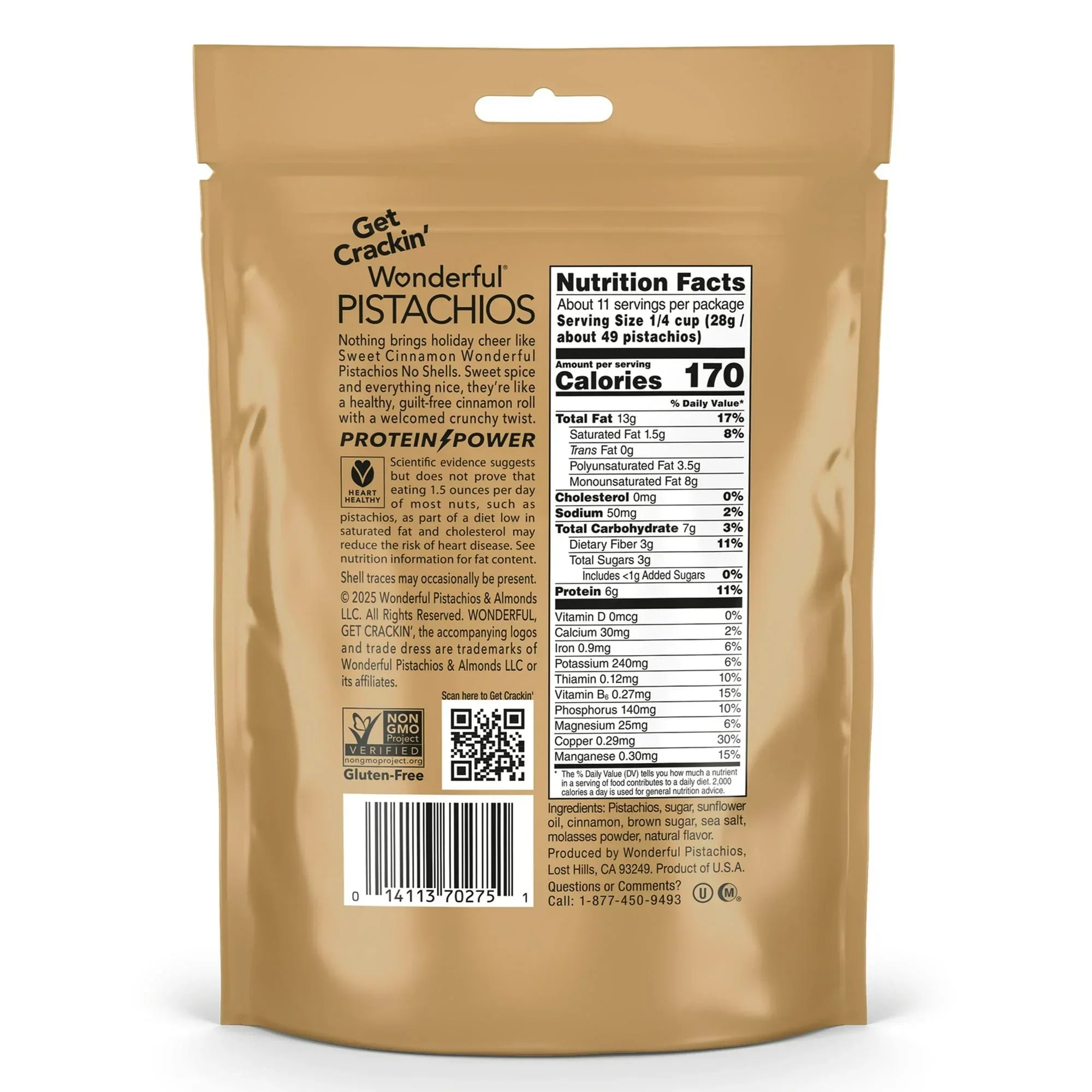 Wonderful Pistachios No Shells Sweet Cinnamon Nuts, 11 Ounce Bag