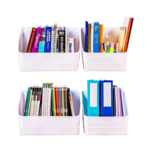 White plastic wide slanted closet organizer bin set, open top with flexible sides
