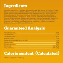 Dog food bag panel listing ingredients, guaranteed analysis, and calorie content