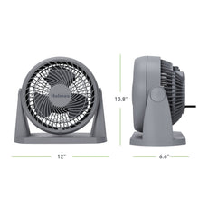 Gray air circulator fan with front grille, circular blades, and height/width markers.
