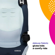 Kids booster car seat back panel, dark blue sides and light gray padded insert