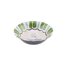 Sardine motif cereal bowl, white with green and blue striped rim, dark outer bowl