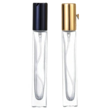 Refillable glass perfume spray bottle with black aluminum cap and pump, 10ml