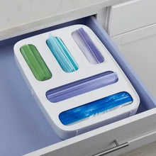 5-slot food bag dispenser in a drawer with blue, green, and purple slot bars