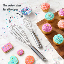 Stainless balloon whisk pair with long wire loops and metal handles