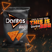 Doritos BBQ flavor chip bag with bold BBQ text and orange chips