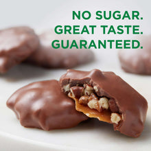 Sugar-free pecan chocolate candy pieces with visible caramel filling