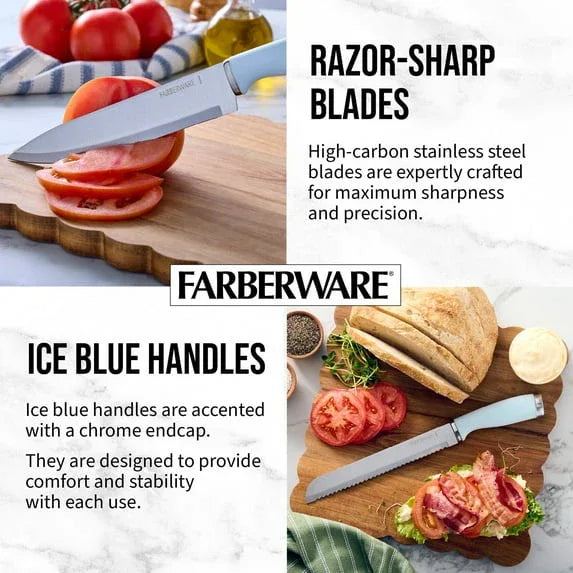 Farberware Classic 16-Piece Natural Knife Block Set with Kitchen Shears, Ice Blue