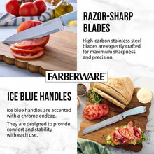 Ice blue handle knife set with kitchen shears and assorted knives on cutting board