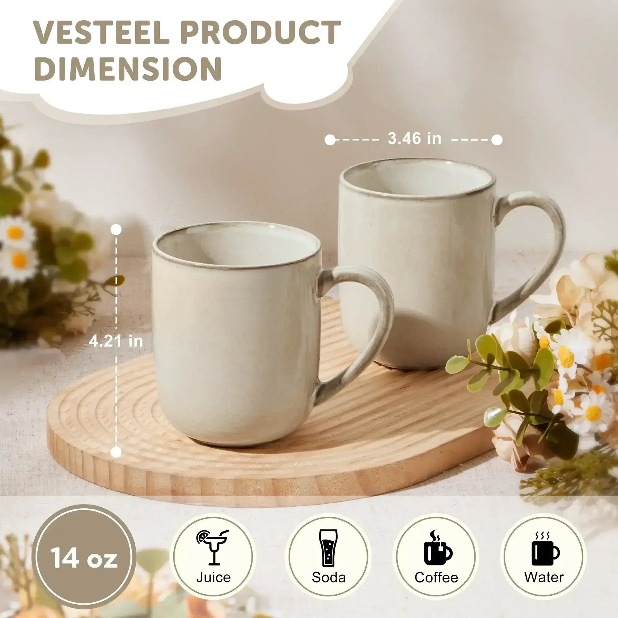 Vesteel Coffee Mug Set of 4, Ceramic Coffee Cups with Handles, 14oz Handmade Reactive Glaze Mugs Set for Coffee Tea Milk, Mug Gifts for Thanksgiving Day Anniversary, Gifts for Men, women, Home, Office and Restuarant