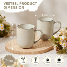 Ceramic coffee mug set, cream mugs with handles on a wooden round tray