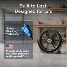 Black 20-inch floor fan with protective front grille on a stable stand
