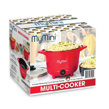 MyMini multi-cooker packaging with red pot and clear glass lid
