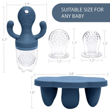 Blue octopus feeder teether with clear feeding caps and silicone tray