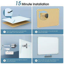 Frameless glass whiteboard showing installation template and wall mounting hardware