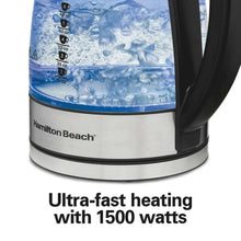 Glass electric kettle base with Hamilton Beach logo and blue water inside