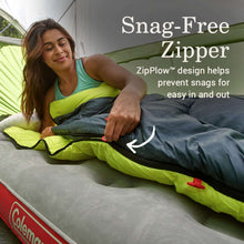 Big and tall sleeping bag with snag-free zipper, lime green and navy, partially open