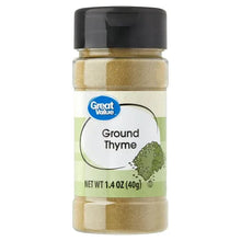 Ground thyme jar with black cap and Great Value label, 1.4 oz