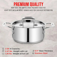 Brushed stainless steel stockpot with lid and riveted handles, top-front view