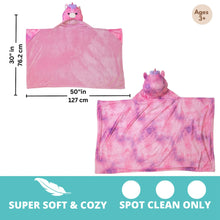Pink plush hooded throw blanket with animal-face hood and front poncho drape