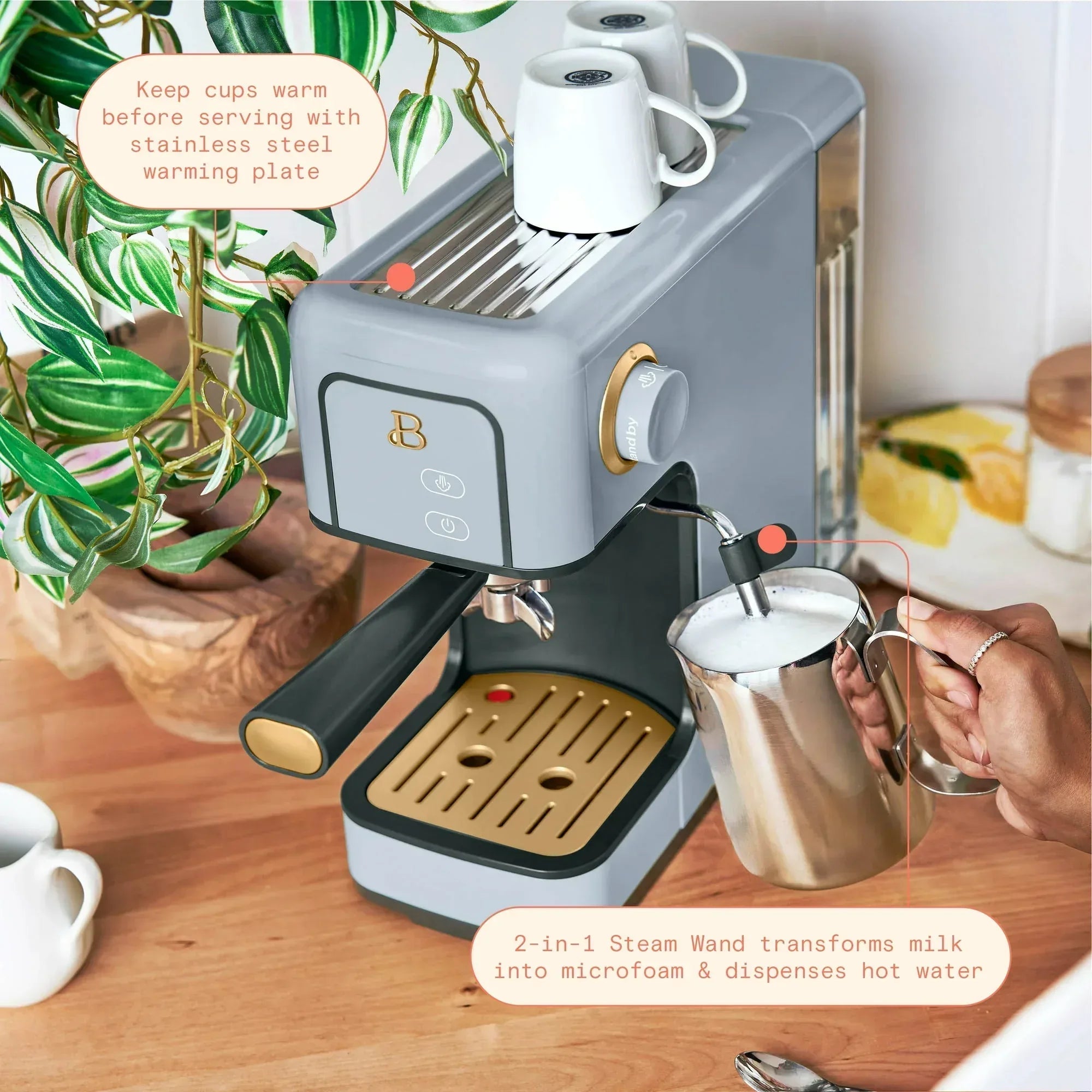 Beautiful Slim Espresso Machine with 20-Bar Pressure, White Icing by Drew Barrymore