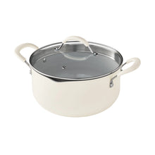 Beige stockpot with glass lid, gray interior, and side handles
