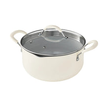 Beige ceramic nonstick saucepan with lid and metal side handles