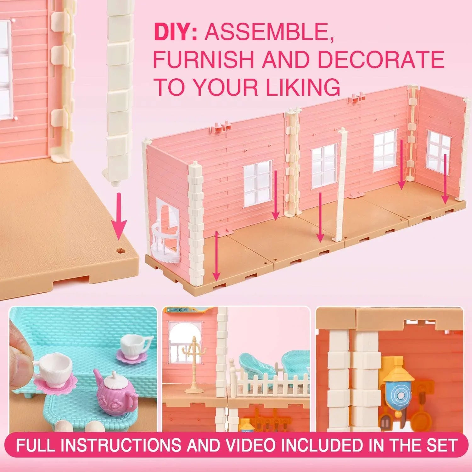 Hengswere 19Inch Dollhouse for Girls, 3 Rooms Princess Dollhouses with Furniture & Accessories and Doll Toy, Premium ABS Plastic, Pink - USA MEGA SHOP